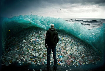 Plastic bags and garbage floating in the sea or ocean. Concept of environmental ocean and water pollution with garbage plastic and human waste. Ai generated art