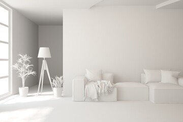 Grey interior desigh concept with furniture. 3D illustration