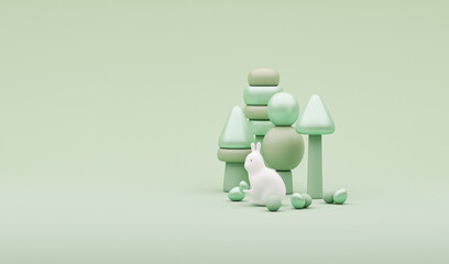 Happy Easter on pastel background. Design Rabbit with Eggs. Festive spring 3d composition. Cartoon minimal style. Banner and poster, cover. 3D rendering round stage with abstract trees 