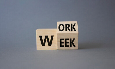 Work Week symbol. Turned wooden cubes with words Work Week. Beautiful grey background. Business and Work Week concept. Copy space