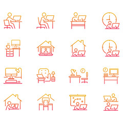 Set of vector icons related to workplace. Vector illustrations such as team work, work at home, workspace and more with editable gradient color lines.