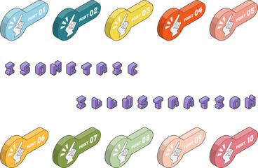 カラフルでアイソメトリックなポイントのハンドサインのアイコンセット、右向き