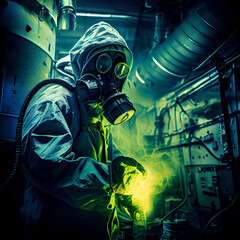 Lone scientist in full hazmat suit and respirator descending into a radioactive laboratory.
