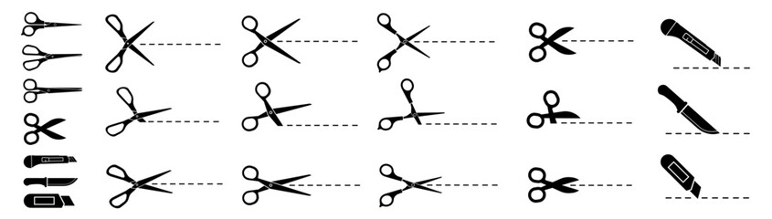 Scissors and knives icon set. Set of cutting scissors and knives. - 579290166