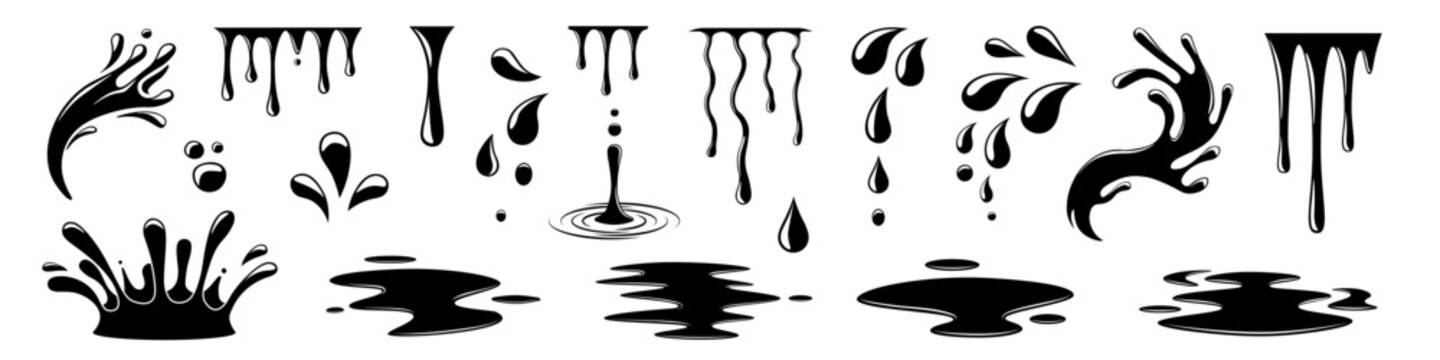 Liquid drops and splash set. Silhouette liquid elements set.