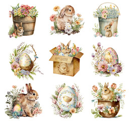 Watercolor Easter bunny, egg illustrations.  Generative ai clipart - 579290395
