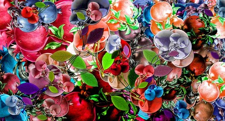 Computer graphics of abstract floral psychedelic background stylization of colored chaotic stickers in the form of leaves