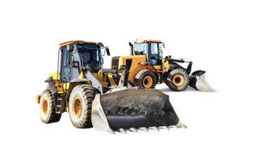 Two heavy front loaders or bulldozers on a white isolated background. Construction equipment and transport. Transportation and movement of bulk materials. Excavation. Element for design.