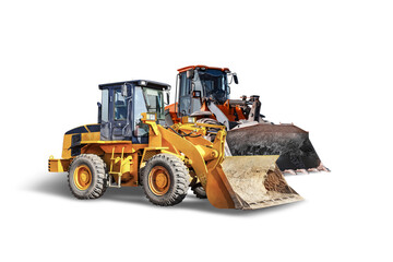 Two heavy front loaders or bulldozers on a white isolated background. Construction equipment and transport. Transportation and movement of bulk materials. Excavation. Element for design.
