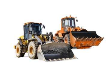 Two heavy front loaders or bulldozers on a white isolated background. Construction equipment and transport. Transportation and movement of bulk materials. Excavation. Element for design.