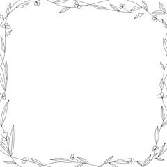 leaves square frame in black and white on a white background, minimalistic, simple, for decoration in a jungles style, coloring for children. vector illustration