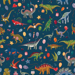 Dinosaur birthday vector line seamless pattern. © GooseFrol