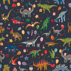 Dinosaur birthday vector line seamless pattern. © GooseFrol