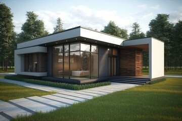 Fototapeta na wymiar Modern house with flat roof, minimal architecture. Generative AI illustration.