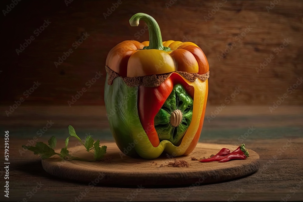 Wall mural A bell pepper with ground beef inside, set against a wooden brown background. View from the side. Theorizing different cuisines' histories. Generative AI