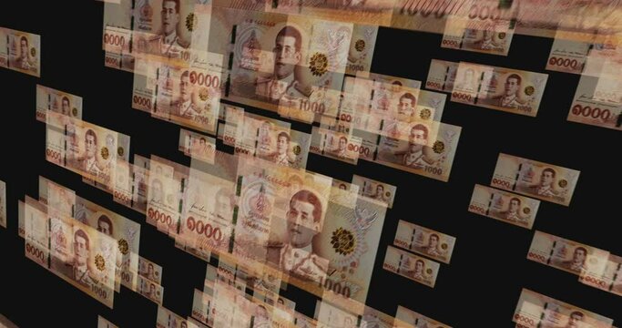 Thai Baht 1000 THB banknote loop. Flying between transparent money Thailand note. 3D seamless looped abstract concept of business, economy, finance, crisis and banking.