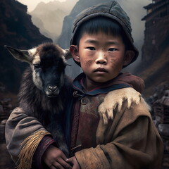 Poor Asian shepherd boy, in traditional dress with a lamb in his arms. Generative AI.