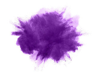 abstract powder splatted background. Purple powder explosion on transparent background. Colored cloud. Colorful dust explode. Paint Holi.	