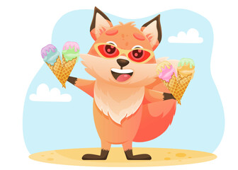 Fox character on beach. Vacation summer sea holidays. Fox eating icecream in sunglasses on beach.