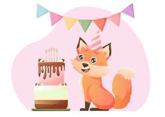Cute cartoon fox character. Happy birthday greeting card. Birthday cake, presents, fox, balloons.