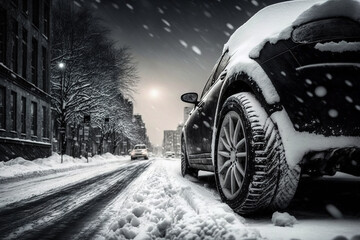 Coche en la nieve con neumáticos de invierno, vista a ras de suelo. AI generative.