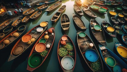 Colorful Thai Sampan Market Seen from Above: Stunning Drone Photography. Generative ai illustration