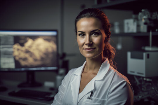 Latina Woman Expert Medical Professional in White Lab Coat in lab, AI Generative