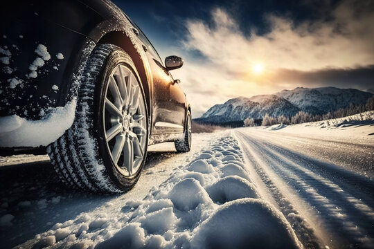 Coche en la nieve con neumáticos de invierno, vista a ras de suelo. AI generative.