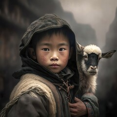 Poor Asian shepherd boy, in traditional dress with a lamb in his arms. Generative AI.