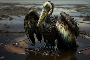 Pelican covered in oil. Oil spill. Oil pollution in the ocean. Generative AI.