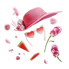 Summer design objects with pink straw hat, sunglasses , flying flowers and petals and watermelon slices, isolated on transparent background