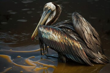 Pelican covered in oil. Oil spill. Oil pollution in the ocean. Generative AI.