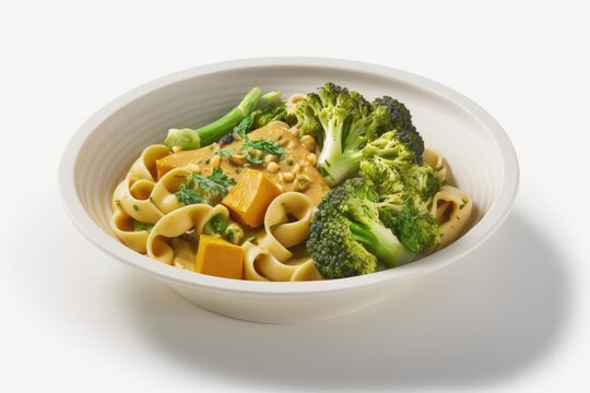 Food photo of broccoli filled veggie pasta, taken against a white background. Udon noodles topped with fresh green veggies; a vegetarian dish. Vegan options are available at the restaurant. Eating onl
