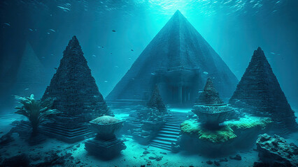 underwater view of an ancient Atlantis city with huge pyramid temples and stone platform undersea with blue water and some light rays from above, generative AI - obrazy, fototapety, plakaty