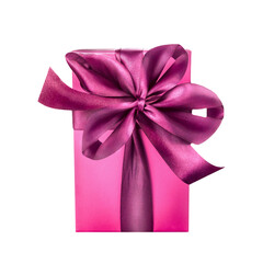 Pink gift wrap box with silk bow, isolated on transparent background