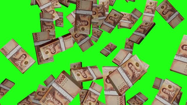 Thai Baht 1000 THB banknote packs falling loop. Thailand money note fall. 3D seamless looped isolated abstract concept of economy, finance, crisis, success and banking. Green screen.