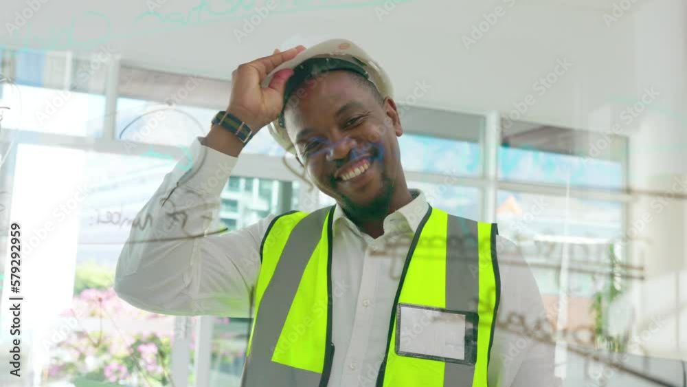 Poster Black man, engineer and writing on glass board for planning, construction or architecture with solution with smile. African engineering expert, brainstorming and problem solving with ideas in office