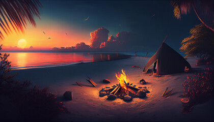 Camping bonfire in Maldives beach. Generative AI
