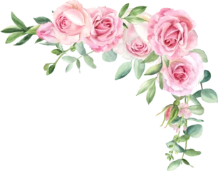 Schilderijen op glas Geschilderde Bloemen Watercolor separate individual flower . Delicate bouquet with green leaves, pink peach blush flowers, twigs, eucalyptus, rose, peony. For wedding invitations, wallpapers, fashion prints.  © ElenaDoroshArt