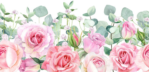 Watercolor separate individual floral illustration with seamless border. Delicate bouquet with green leaves, pink peach blush flowers, twigs, eucalyptus, rose, peony. For wedding invitations