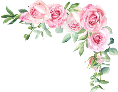 Watercolor separate individual flower . Delicate bouquet with green leaves, pink peach blush flowers, twigs, eucalyptus, rose, peony. For wedding invitations, wallpapers, fashion prints.