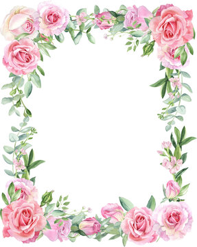 Watercolor separate individual floral  with frame, border. Delicate bouquet with green leaves, pink peach blush flowers, twigs, eucalyptus, rose, peony. For wedding invitations, wallpapers