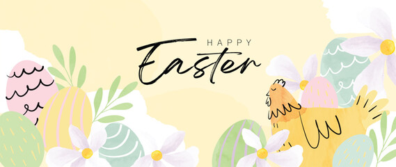 Fototapeta na wymiar Happy Easter watercolor element background vector. Hand painted fluffy playful cute rabbit with spring flowers, garden, pastel color texture. Adorable doodle design for decorative, card, kids, banner.