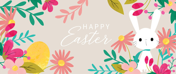 Happy Easter watercolor element background vector. Hand painted cute white rabbit with easter egg, spring flowers and natural leaf branch. Adorable doodle design for decorative, card, kids, banner.