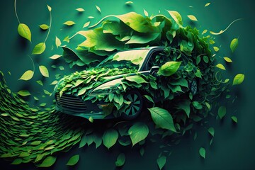 Alternative Fuels and Advanced Vehicles. Low-carbon transport. Environmentally friendly vehicle concept with green modern car with green leaves in motion. AI generative
