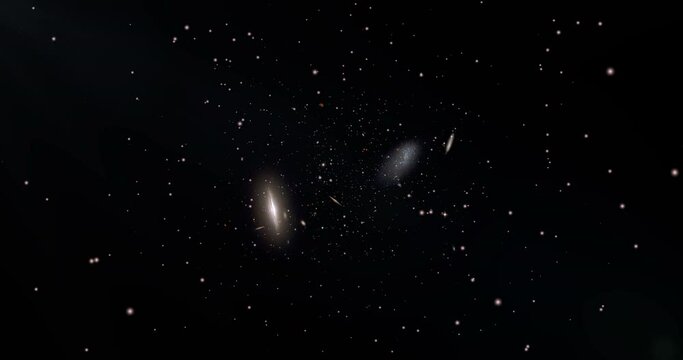 Fly towards distant star fields revealing galactic neighbors. Zooming into a wide view of interstellar clouds.