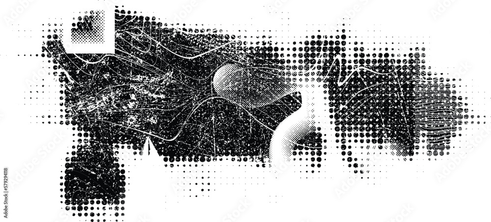 Aufkleber Glitch distorted grungy banner . Noise destroyed background . Trendy defect overlay texture . Glitched collage .Grunge textured . Distressed effect .Vector shape.  halftone dots . Screen print texture