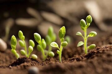 Green peas in their early stages of growth. A duplicate of the area, a young plant of green peas in the garden in early spring. Pisum sativum, or garden pea, in its early stages of growth. Generative - obrazy, fototapety, plakaty