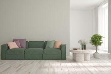 Fototapeta premium White living room with sofa. Scandinavian interior design. 3D illustration