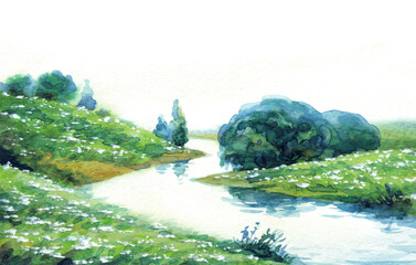 Watercolor landscape. River in summer field